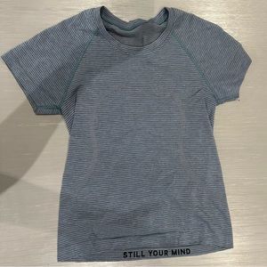 Lululemon-Blue and Black Striped Swiftly Tech Short Sleeve, Race Length - Size 6
